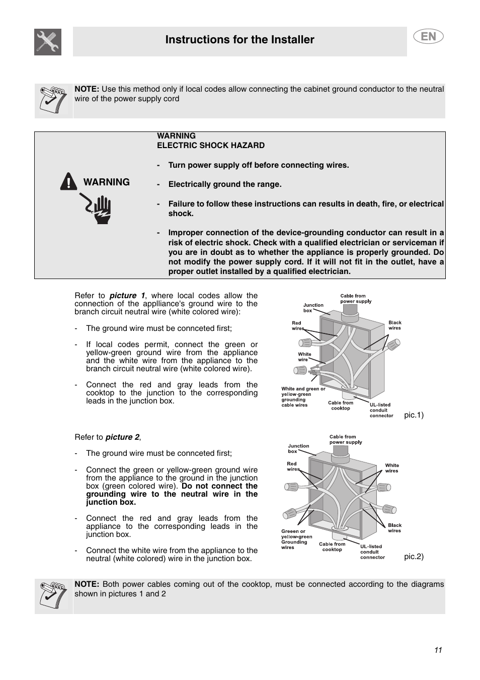 Instructions for the installer, Warning | Smeg S2773CXU User Manual | Page 9 / 9