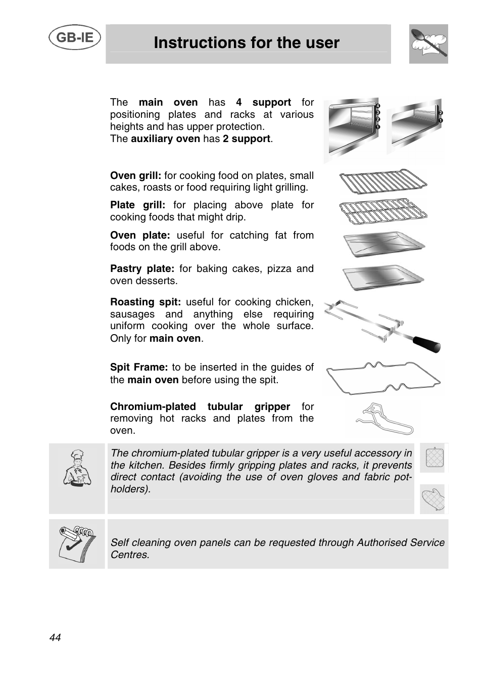 Instructions for the user, Available accessories | Smeg A42C User Manual | Page 18 / 29