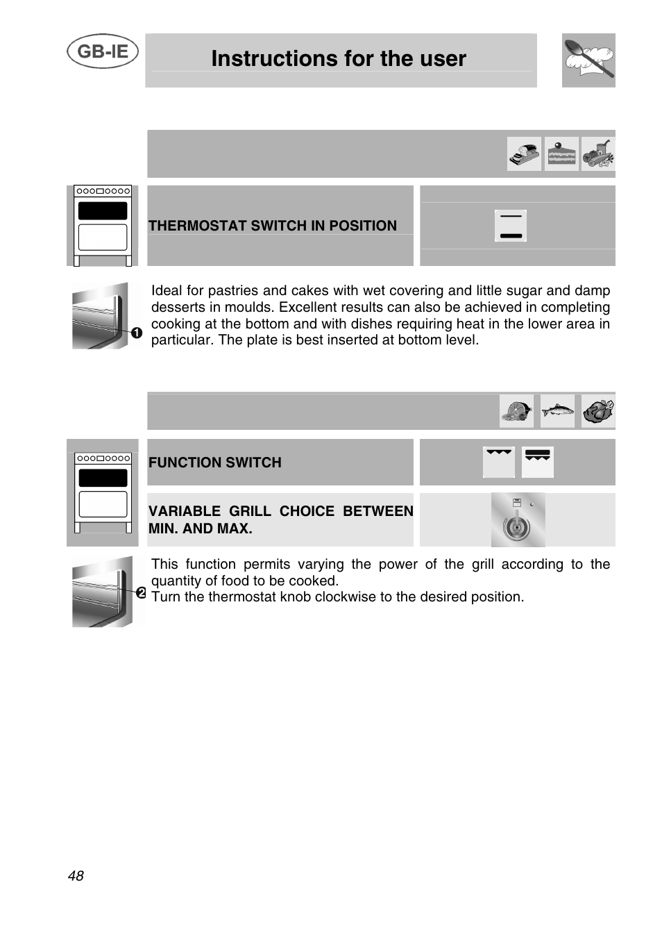 Instructions for the user, 6 delicate cooking, 7 variable grill cooking | Smeg A42C User Manual | Page 22 / 29