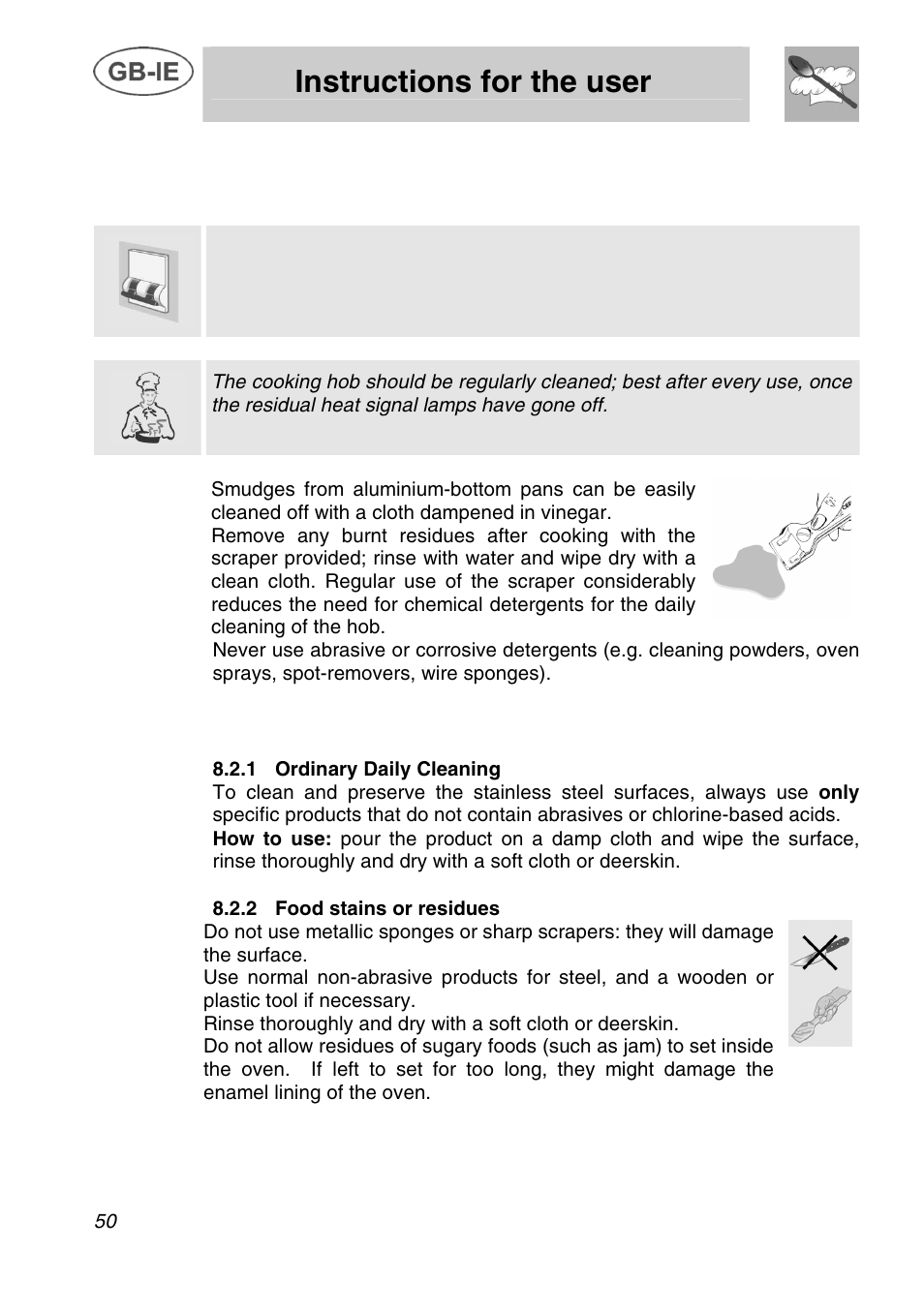 Instructions for the user, Cleaning and maintenance, 1 cleaning the glazed ceramic hob | 2 cleaning stainless steel | Smeg A42C User Manual | Page 24 / 29