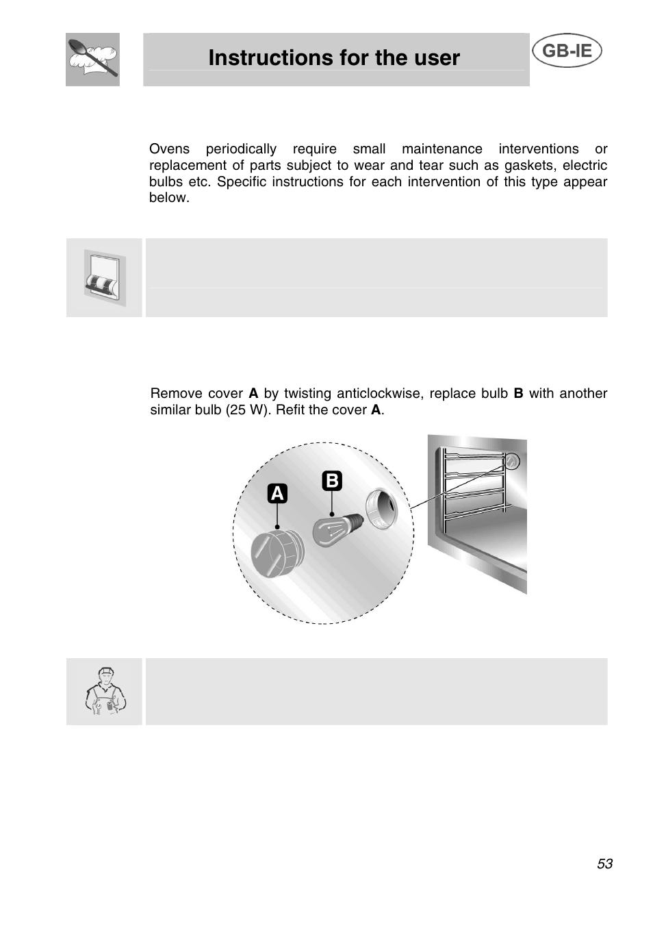 Instructions for the user, Extraordinary maintenance, 1 replacement of light bulbs | Smeg A42C User Manual | Page 27 / 29