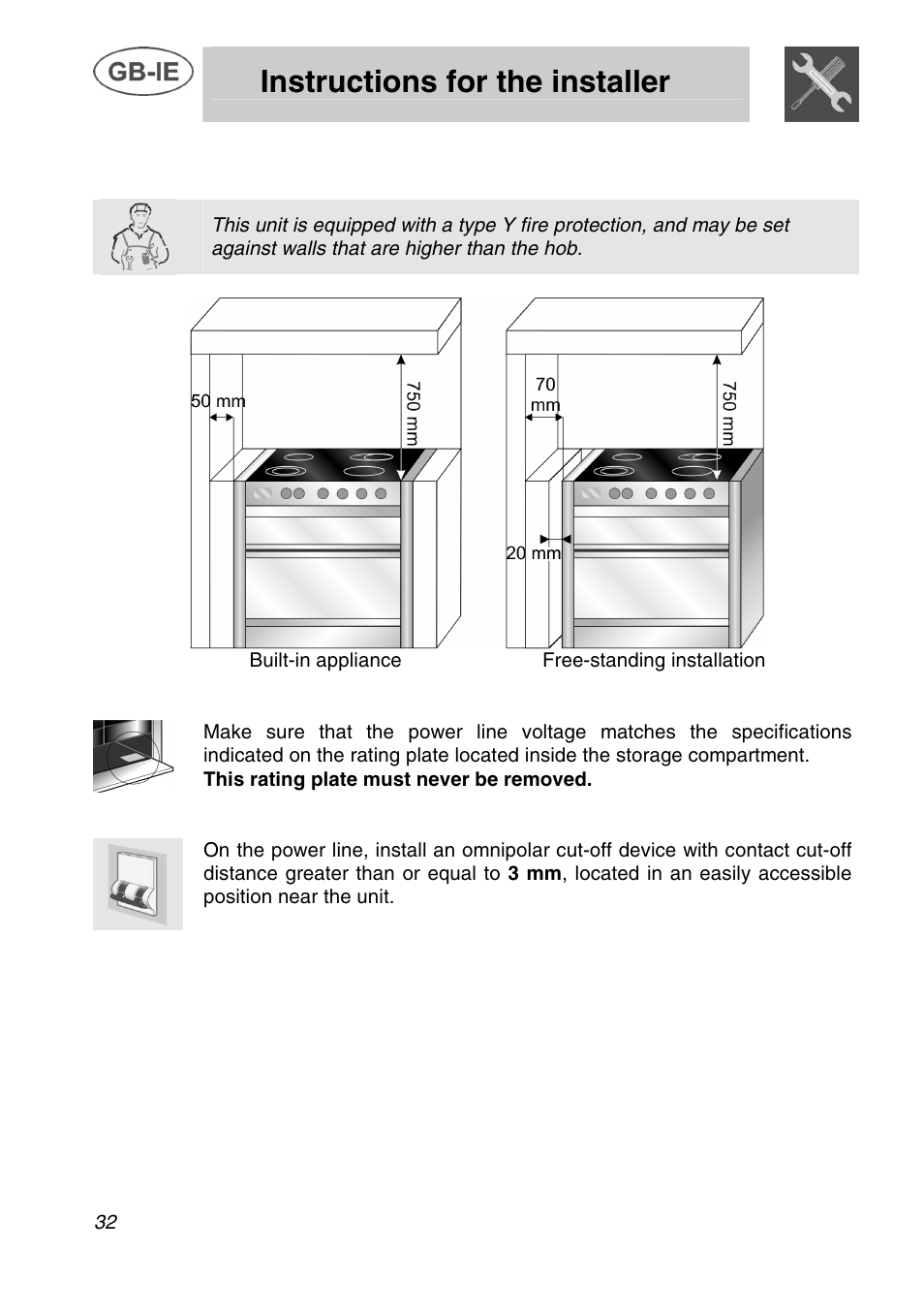 Instructions for the installer, Installation of the appliance | Smeg A42C User Manual | Page 6 / 29