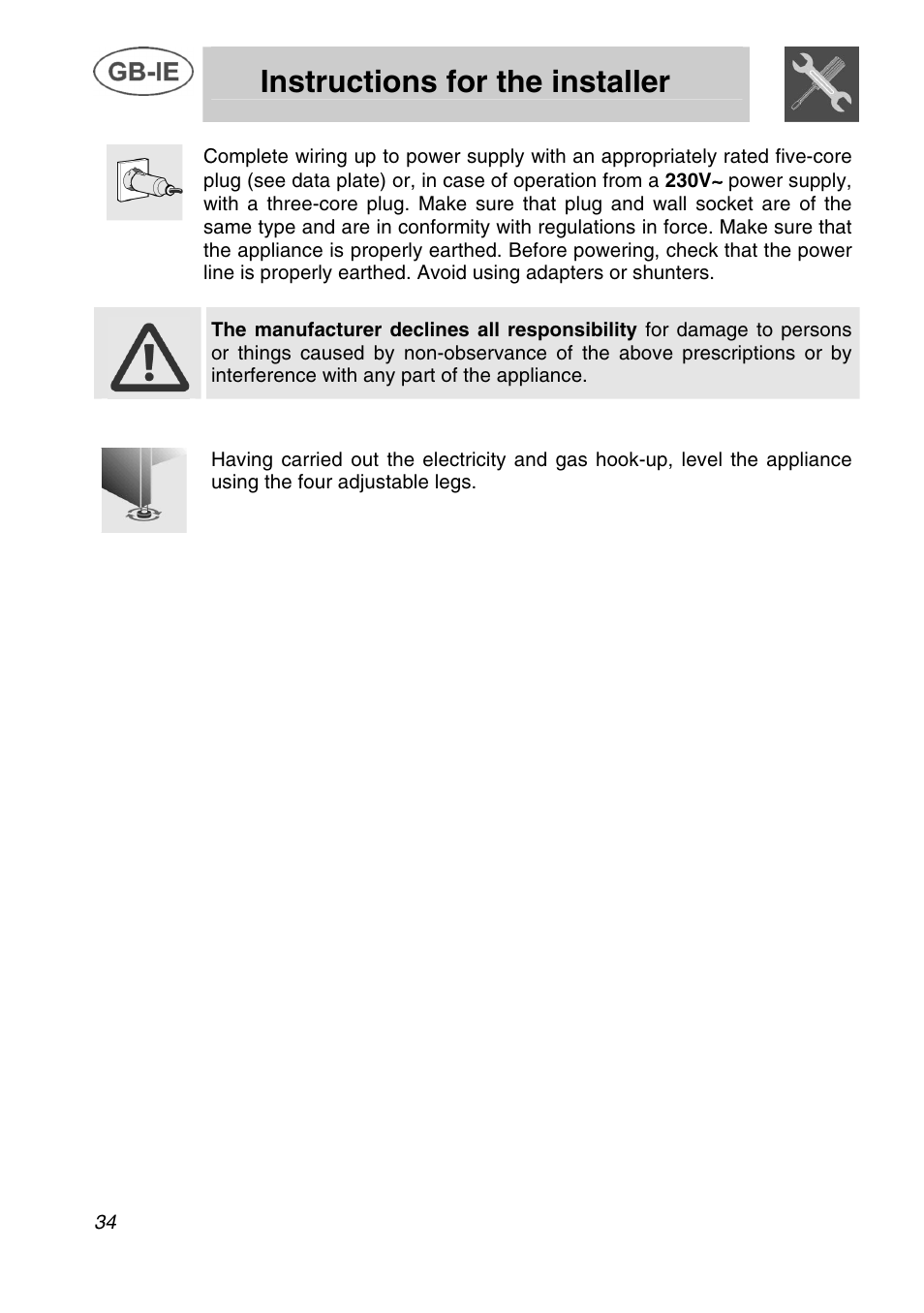 Instructions for the installer, 2 positioning and levelling of the appliance | Smeg A42C User Manual | Page 8 / 29
