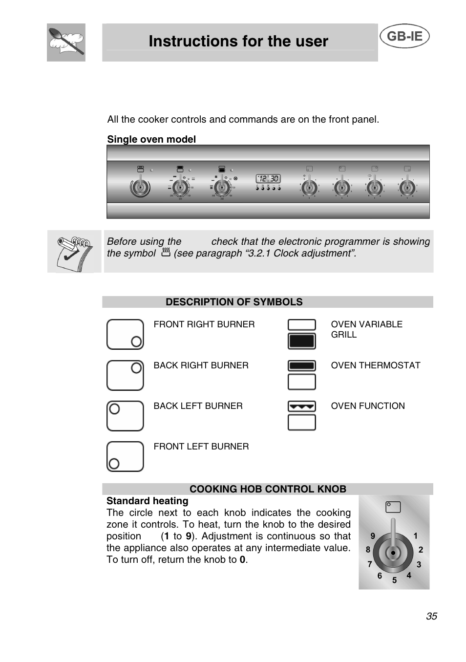 Instructions for the user, Description of controls, 1 front control panel | Smeg A42C User Manual | Page 9 / 29