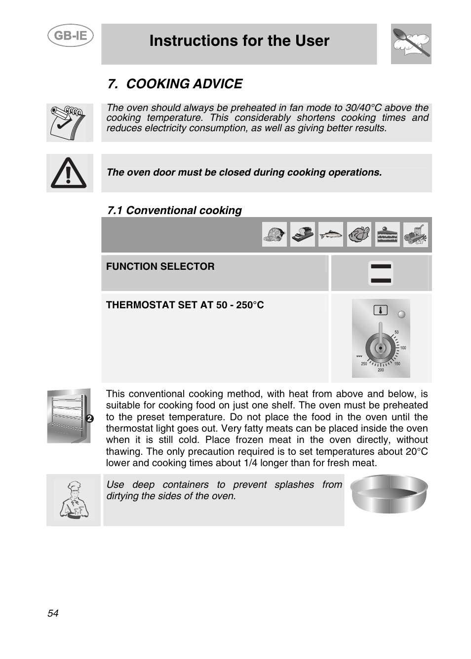 Cooking advice, 1 conventional cooking, Instructions for the user | Smeg CS19ID-6 User Manual | Page 20 / 32