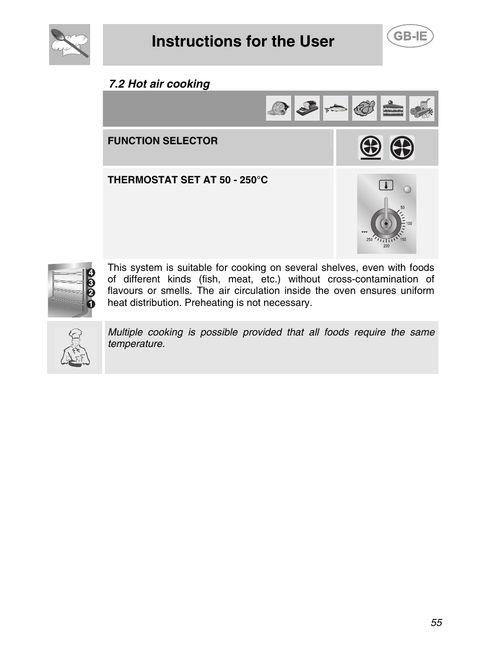 Hot air cooking, Instructions for the user, 2 hot air cooking | Function selector | Smeg CS19ID-6 User Manual | Page 21 / 32