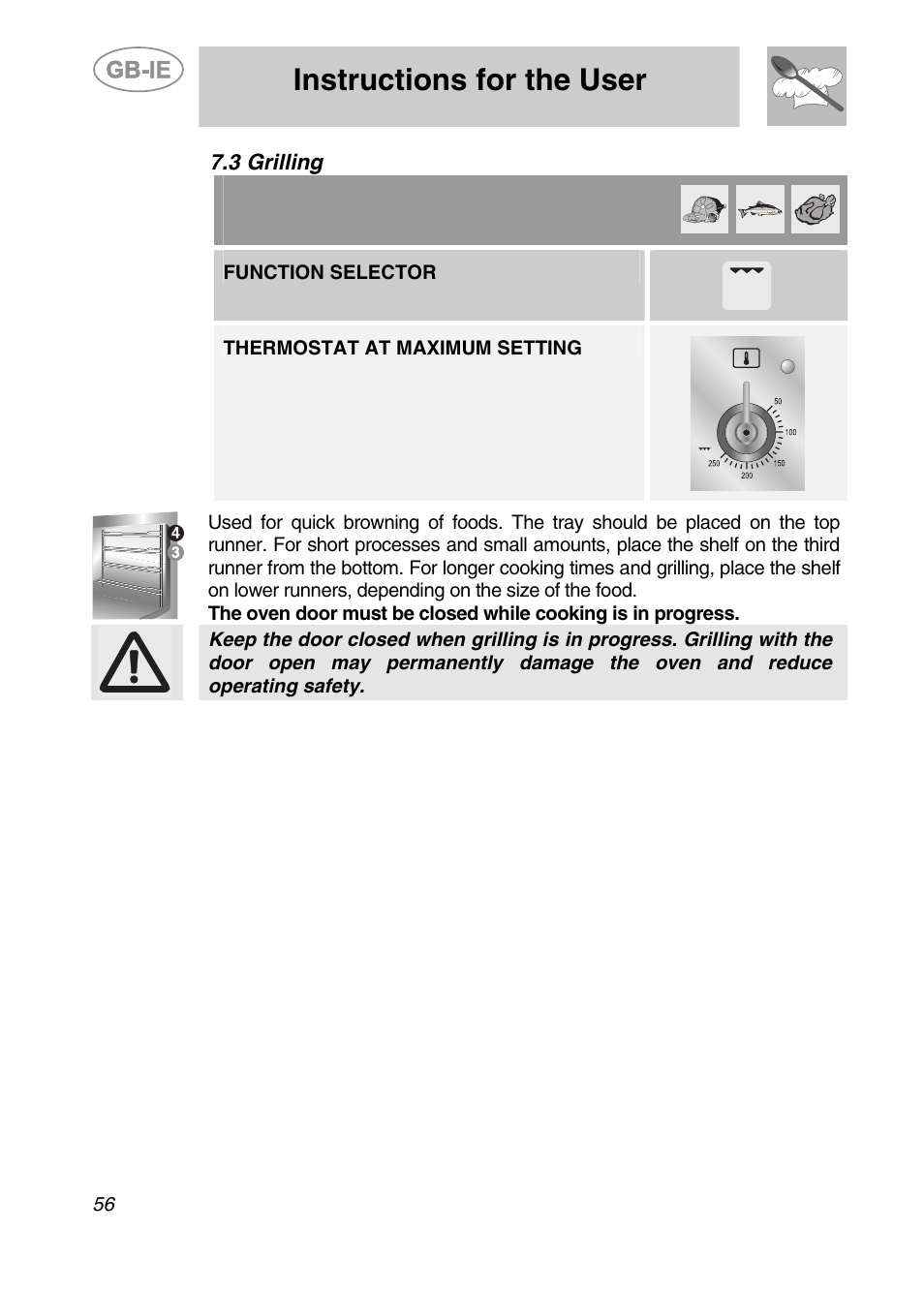 Grilling, Instructions for the user, 3 grilling | Function selector, Thermostat at maximum setting | Smeg CS19ID-6 User Manual | Page 22 / 32