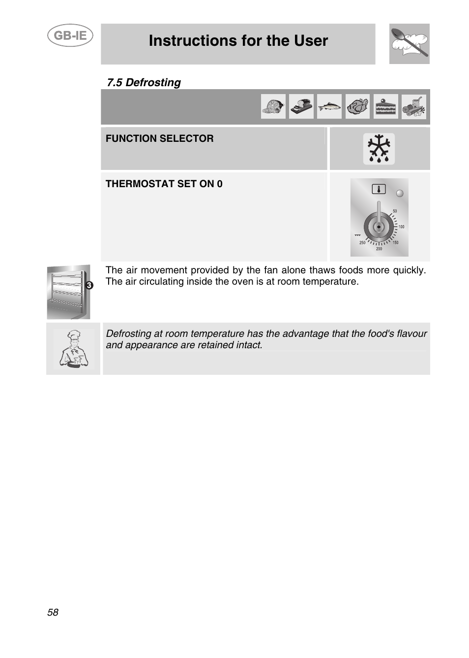 Defrosting, Instructions for the user, 5 defrosting | Function selector, Thermostat set on 0 | Smeg CS19ID-6 User Manual | Page 24 / 32