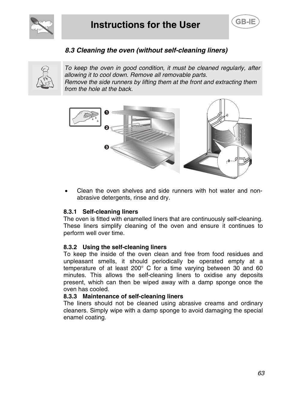 3 cleaning the oven (without self-cleaning liners), 1 self-cleaning liners, 2 using the self-cleaning liners | 3 maintenance of self-cleaning liners, Instructions for the user | Smeg CS19ID-6 User Manual | Page 29 / 32