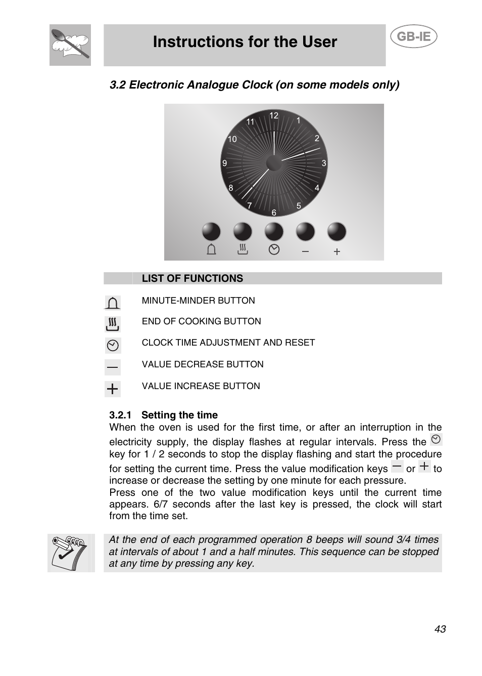 Electronic analogue clock (on some models only), 1 setting the time, Instructions for the user | Smeg CS19ID-6 User Manual | Page 9 / 32