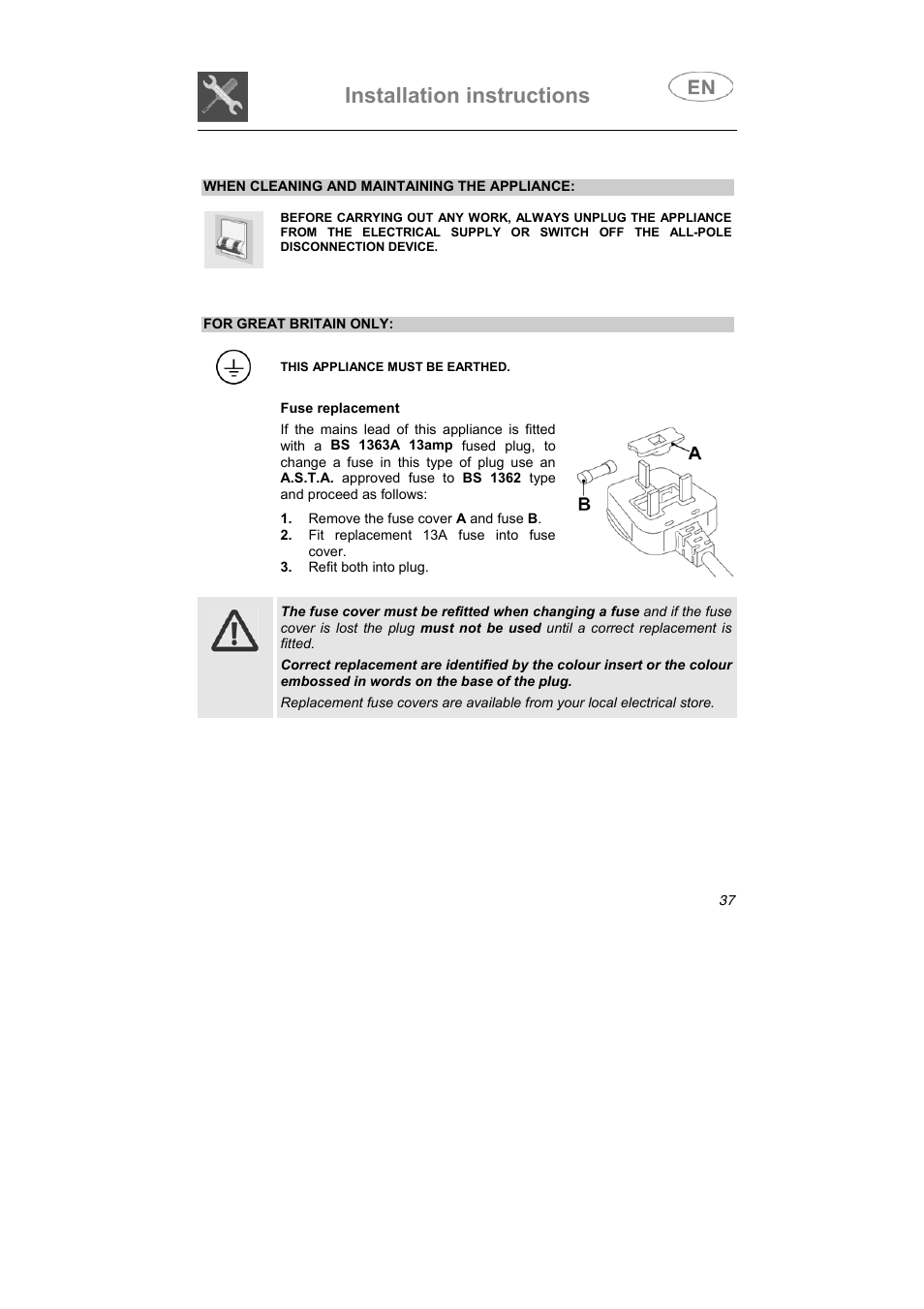 Installation instructions | Smeg STA613 User Manual | Page 20 / 38