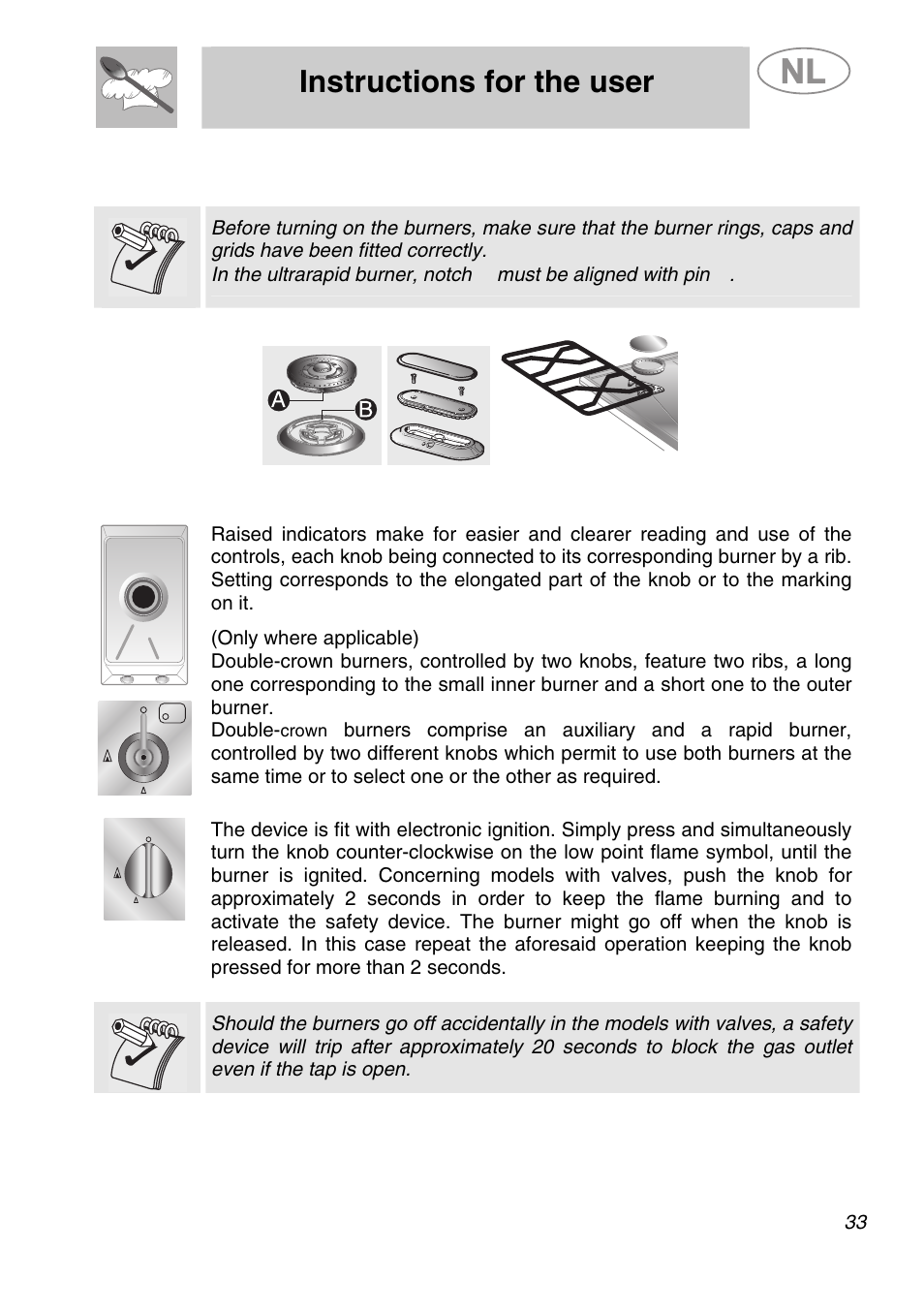 Instructions for the user, Using the hob, 1 ignition of the burners | Smeg GKCO955 User Manual | Page 14 / 17