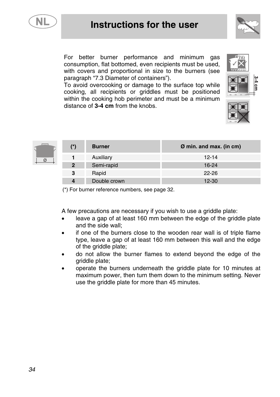 Instructions for the user, 2 practical advice for using the burners, 3 diameter of containers | 4 using a griddle plate | Smeg GKCO955 User Manual | Page 15 / 17