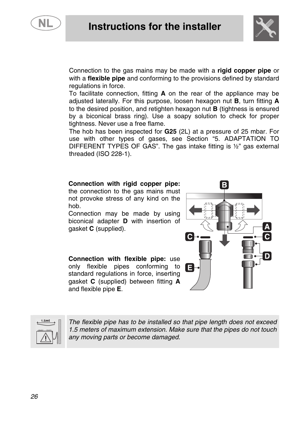 Instructions for the installer, Gas connection | Smeg GKCO955 User Manual | Page 7 / 17