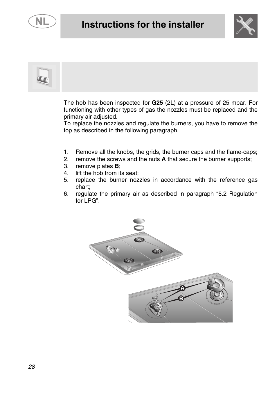Instructions for the installer, Adaptation to different types of gas | Smeg GKCO955 User Manual | Page 9 / 17
