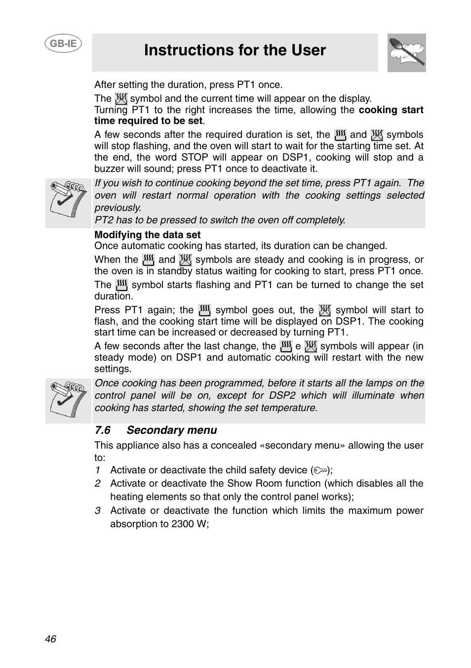 6 secondary menu, Instructions for the user | Smeg XXSC111P User Manual | Page 12 / 32