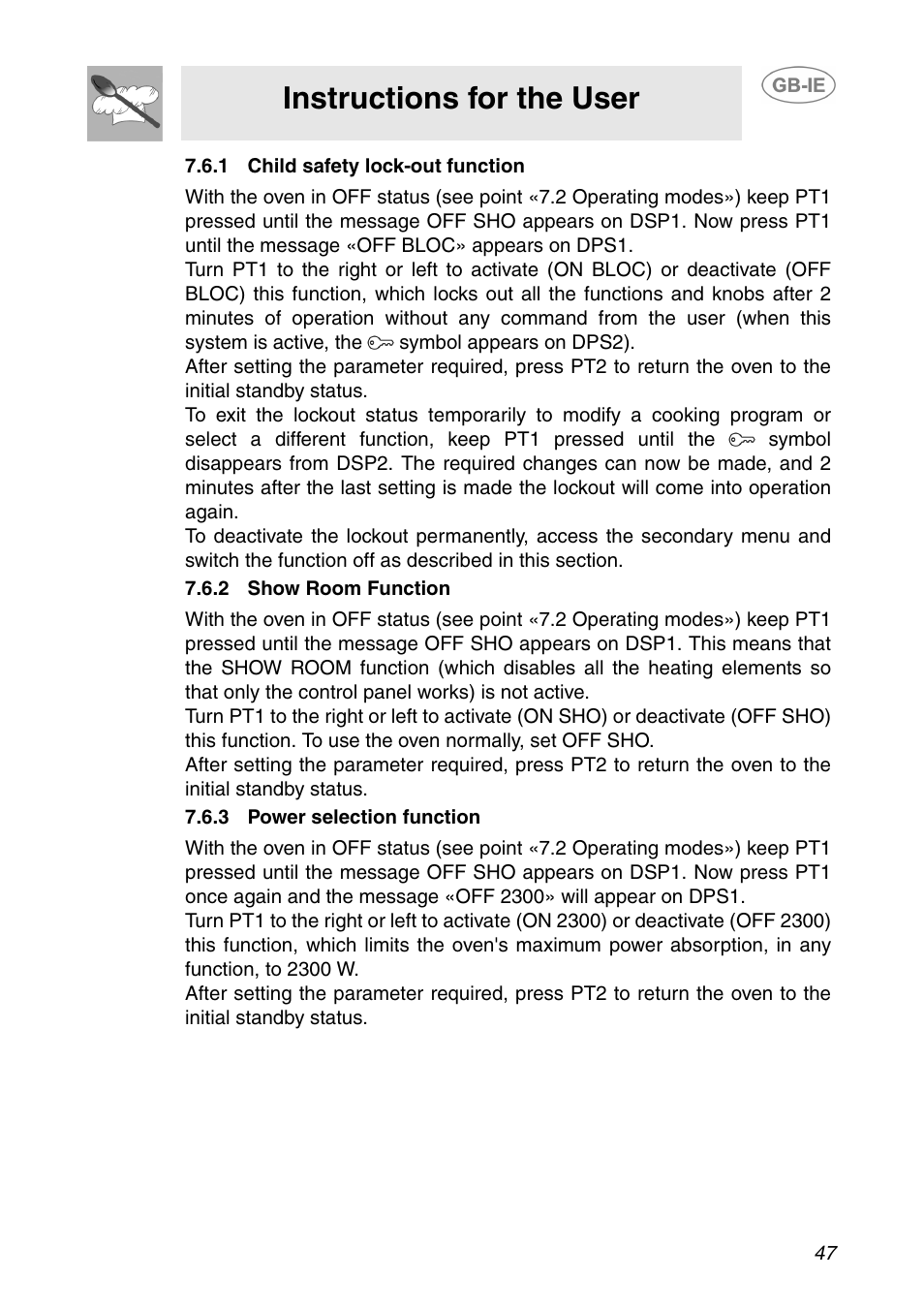 1 child safety lock-out function, 2 show room function, 3 power selection function | 1 child safety, Lock-out function, Instructions for the user | Smeg XXSC111P User Manual | Page 13 / 32