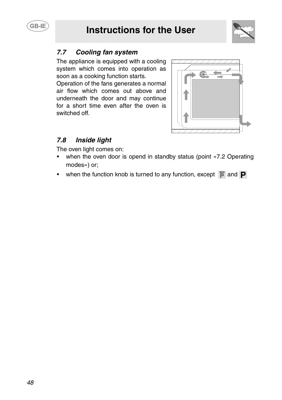 7 cooling fan system, 8 inside light, Instructions for the user | Smeg XXSC111P User Manual | Page 14 / 32