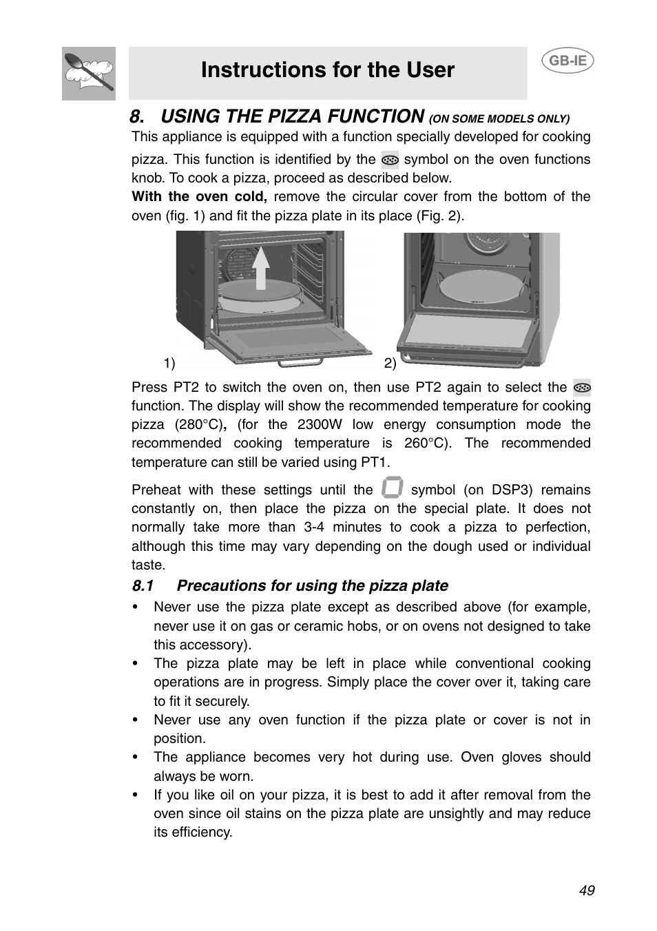 Using the pizza function (on some models only), 1 precautions for using the pizza plate, Instructions for the user | Using the pizza function | Smeg XXSC111P User Manual | Page 15 / 32