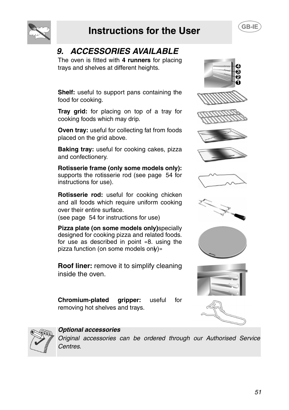 Accessories available, Instructions for the user | Smeg XXSC111P User Manual | Page 17 / 32
