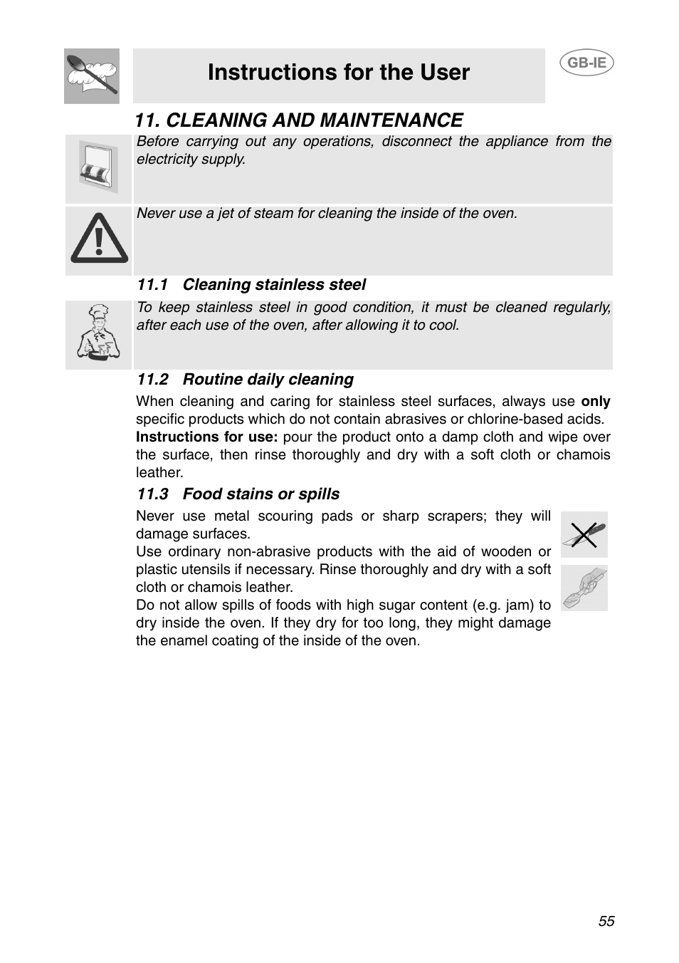 Cleaning and maintenance, 1 cleaning stainless steel, 2 routine daily cleaning | 3 food stains or spills, Instructions for the user | Smeg XXSC111P User Manual | Page 21 / 32