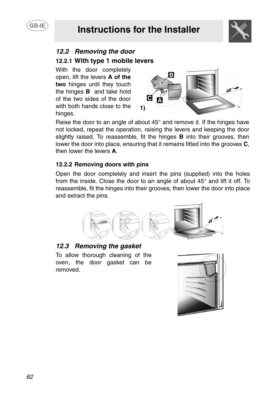 2 removing the door, 1 with type 1 mobile levers, 2 removing doors with pins | 3 removing the gasket, Instructions for the installer | Smeg XXSC111P User Manual | Page 28 / 32