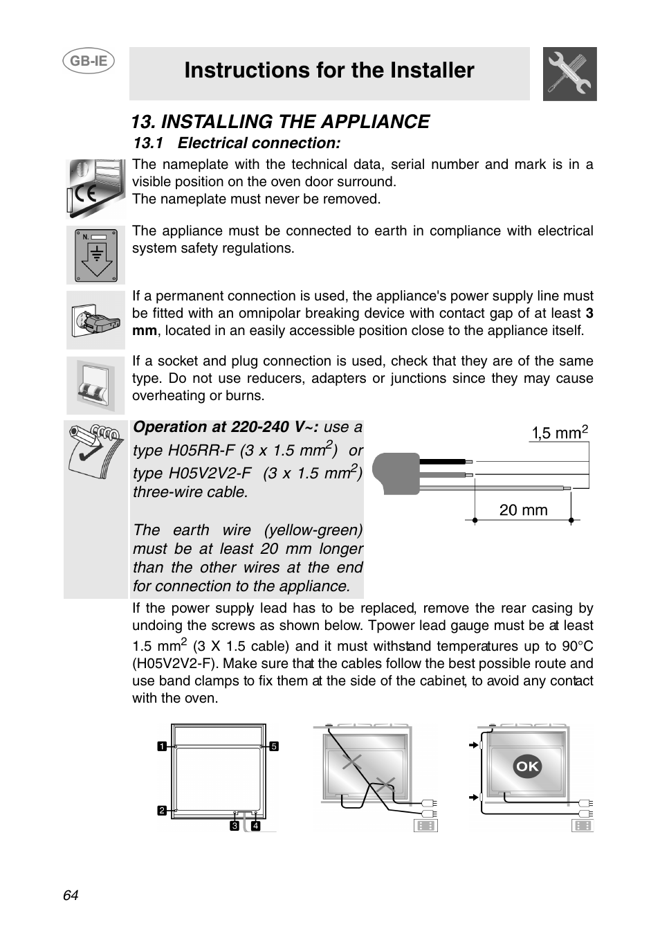 Installing the appliance, 1 electrical connection, Instructions for the installer | Smeg XXSC111P User Manual | Page 30 / 32