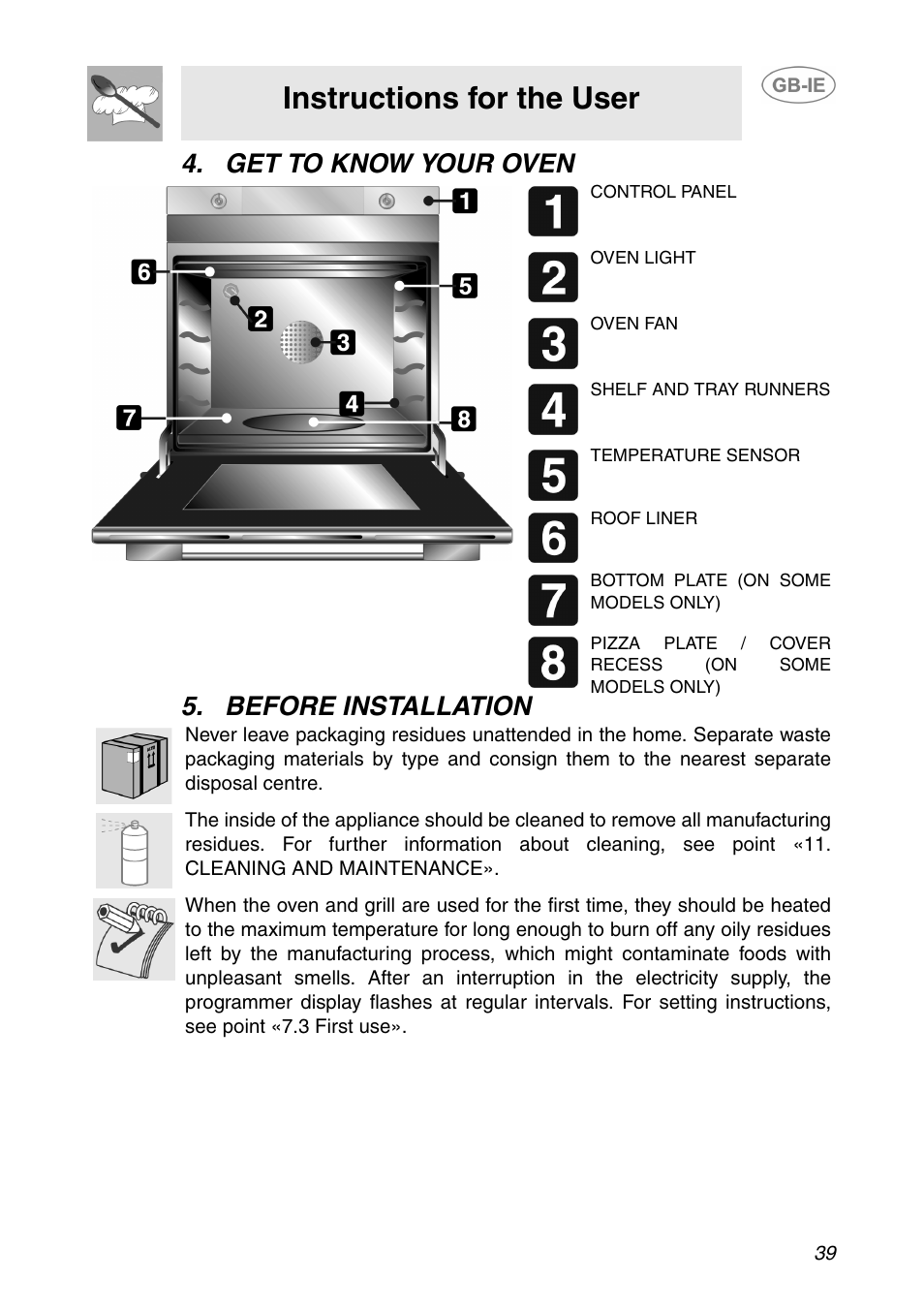 Get to know your oven, Before installation, Instructions for the user | Get to know your oven 5. before installation | Smeg XXSC111P User Manual | Page 5 / 32