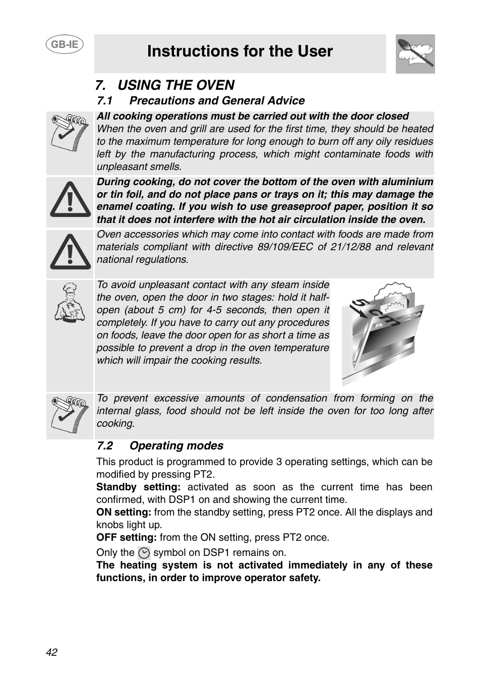Using the oven, 1 precautions and general advice, 2 operating modes | Instructions for the user | Smeg XXSC111P User Manual | Page 8 / 32