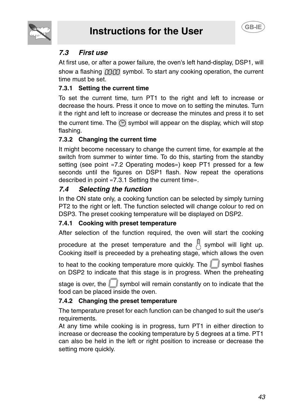 3 first use, 1 setting the current time, 2 changing the current time | 4 selecting the function, 1 cooking with preset temperature, 2 changing the preset temperature, Int «7.3 first use, Instructions for the user | Smeg XXSC111P User Manual | Page 9 / 32