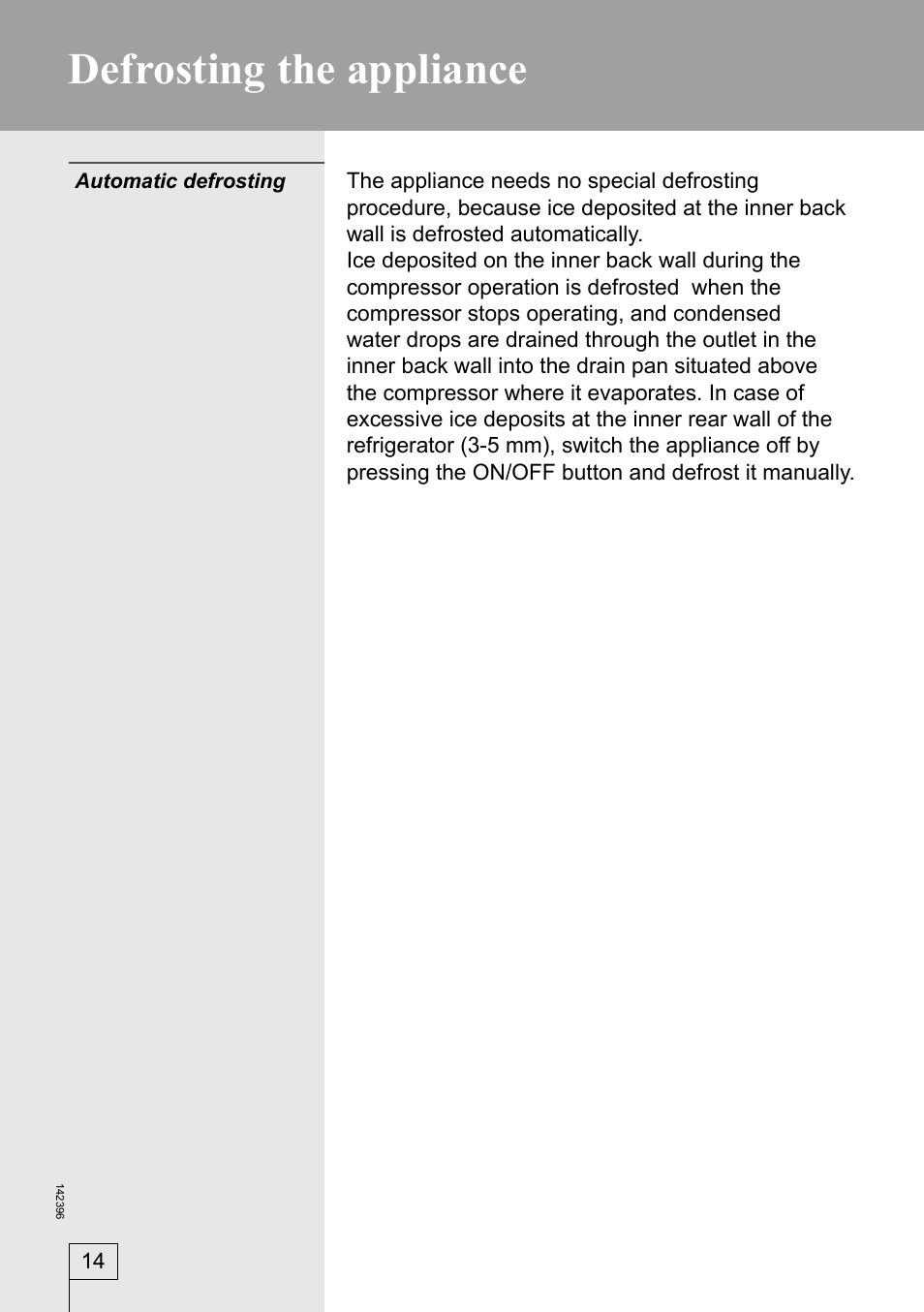 Defrosting the appliance | Smeg 142396 User Manual | Page 14 / 20