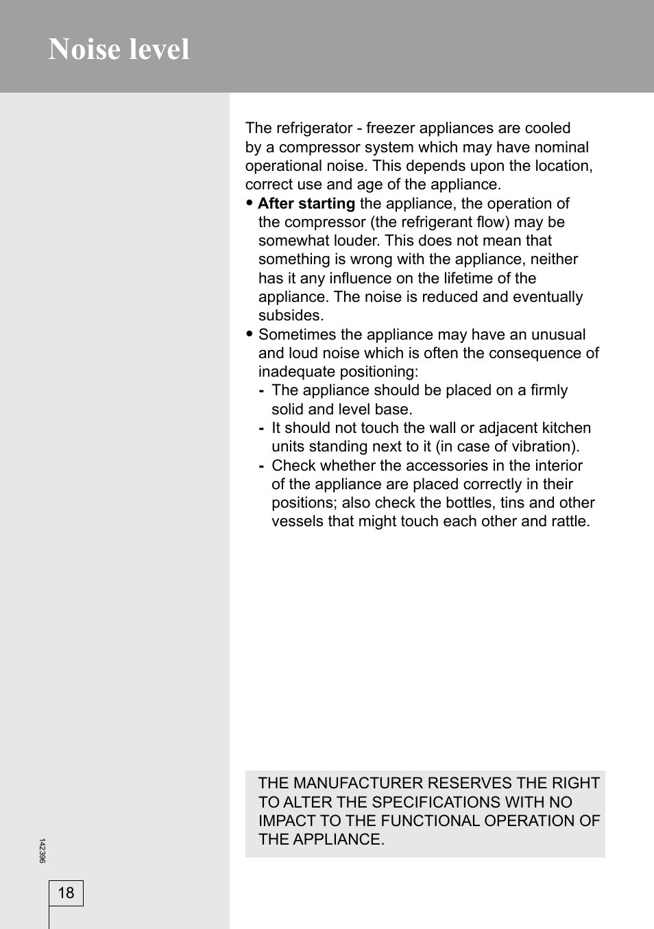 Noise level | Smeg 142396 User Manual | Page 18 / 20