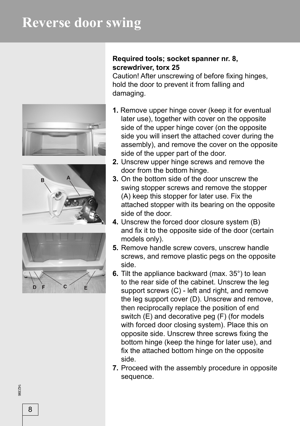 Reverse door swing | Smeg 142396 User Manual | Page 8 / 20