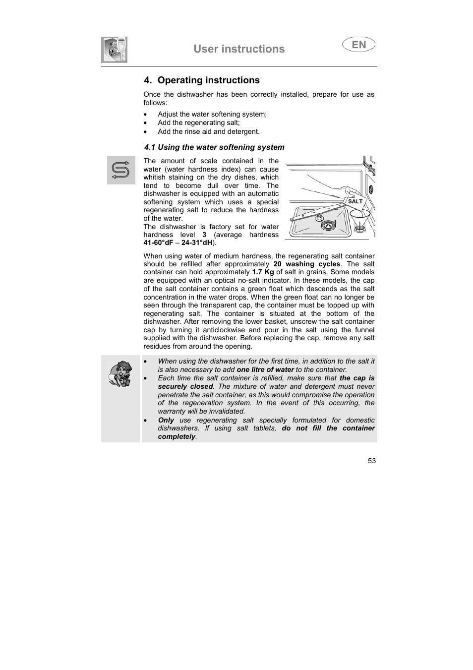 User instructions, Operating instructions | Smeg LVS655EG User Manual | Page 18 / 36