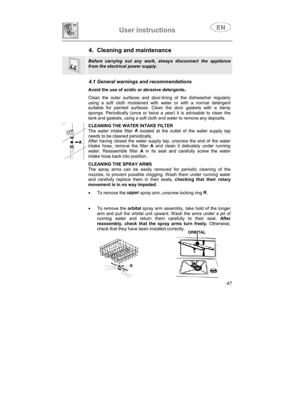 User instructions, Cleaning and maintenance | Smeg LVS655EG User Manual | Page 30 / 36