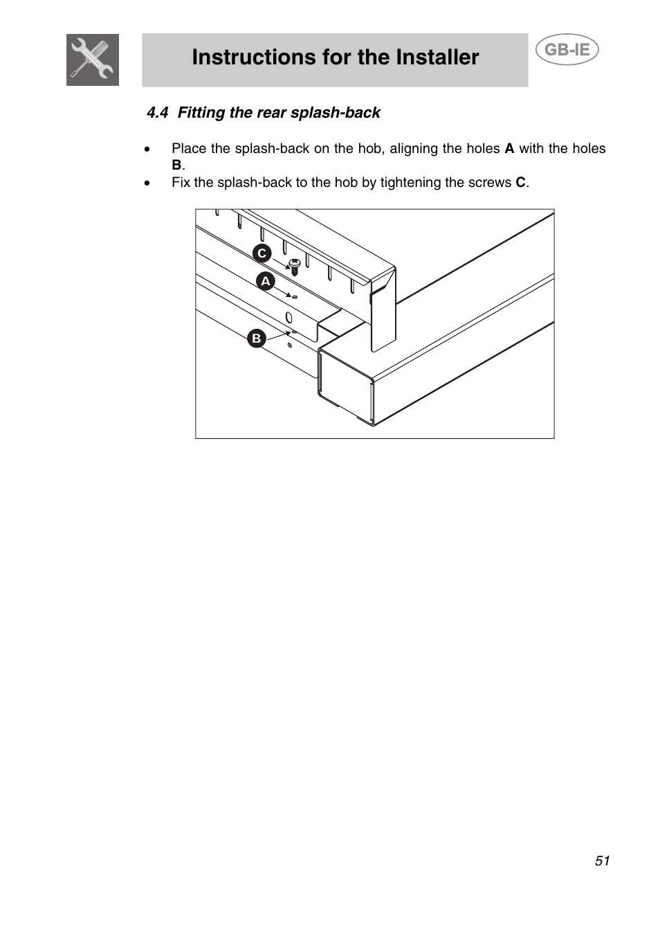 Fitting the rear splash-back, Instructions for the installer | Smeg A2PY-6 User Manual | Page 10 / 38