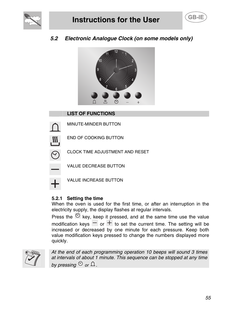 Electronic analogue clock (on some models only), 1 setting the time, Instructions for the user | Smeg A2PY-6 User Manual | Page 14 / 38