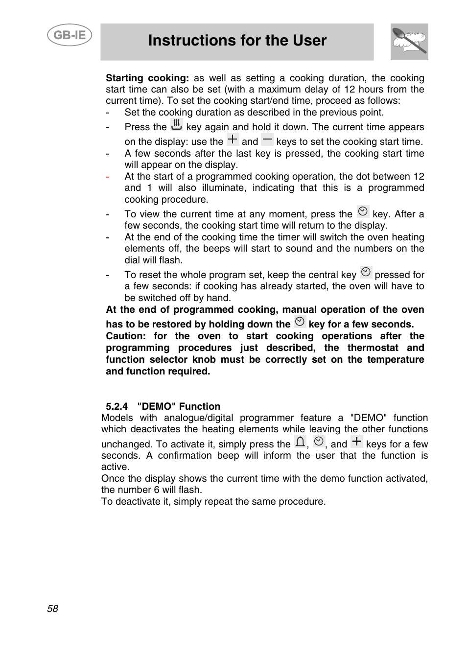 4 "demo" function, Instructions for the user | Smeg A2PY-6 User Manual | Page 17 / 38