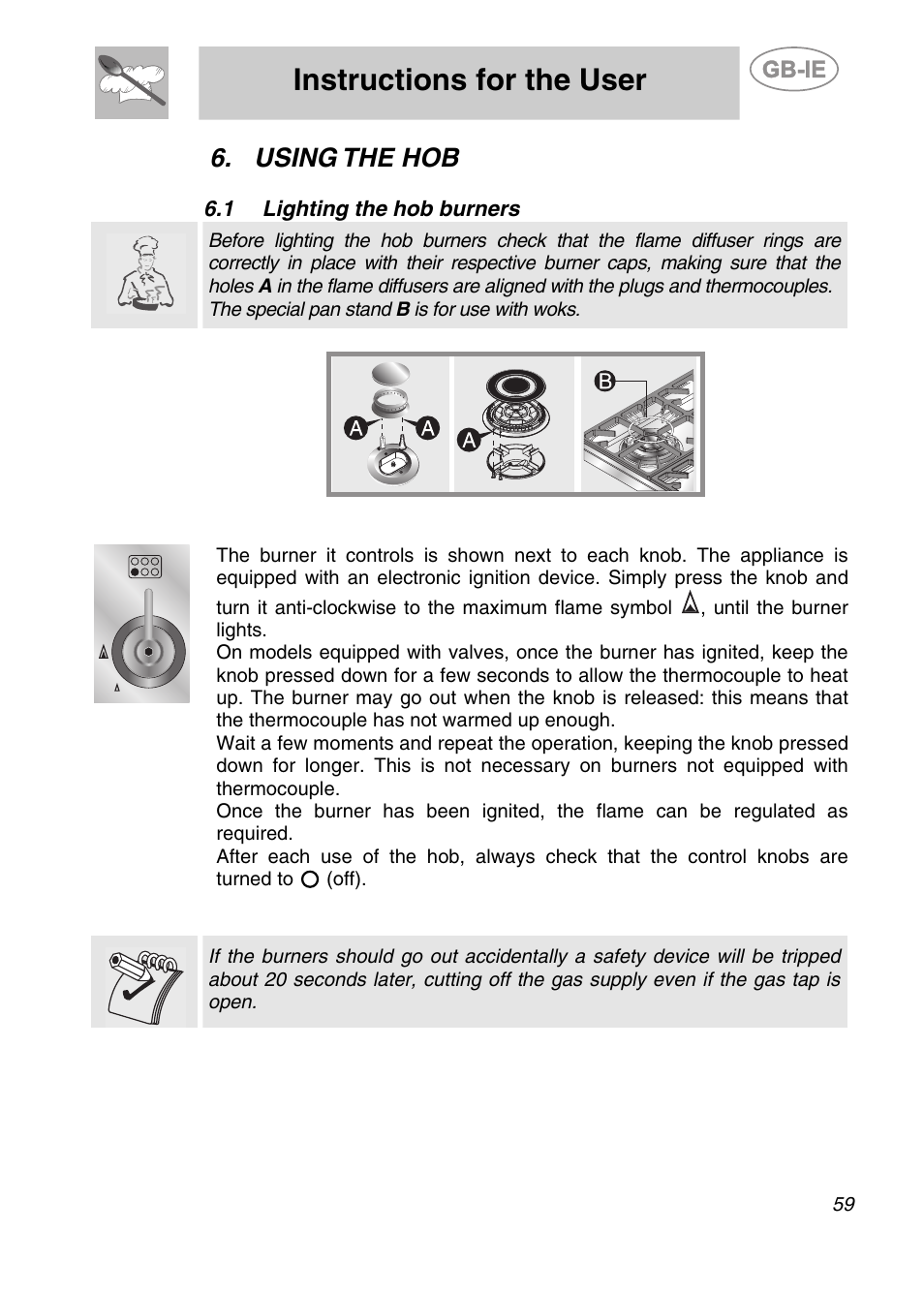 Using the hob, 1 lighting the hob burners, Instructions for the user | Smeg A2PY-6 User Manual | Page 18 / 38