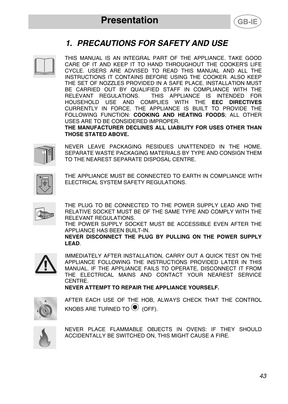 Precautions for safety and use, Presentation | Smeg A2PY-6 User Manual | Page 2 / 38