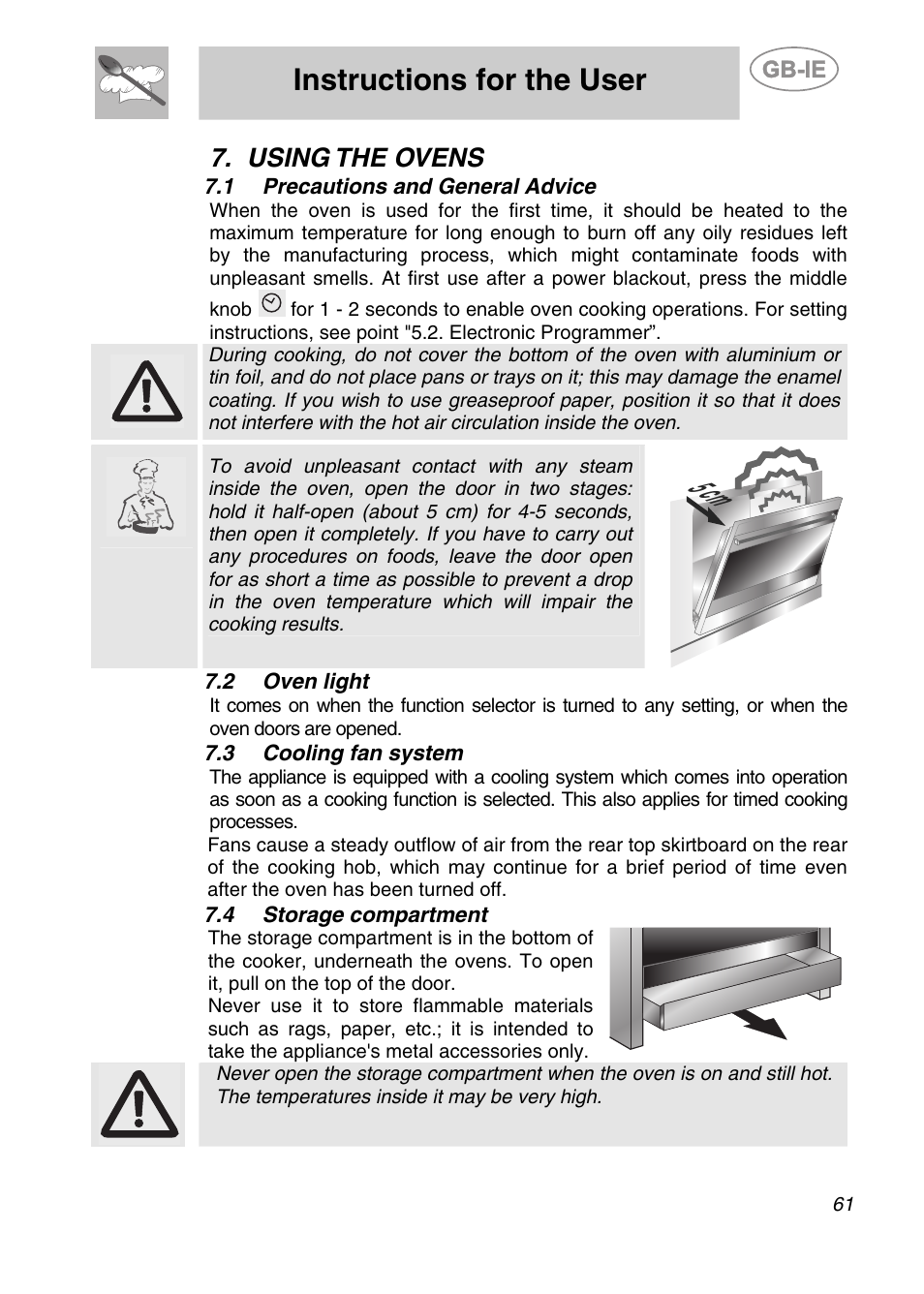 Using the ovens, 1 precautions and general advice, 2 oven light | 3 cooling fan system, 4 storage compartment, 5 cm, Instructions for the user | Smeg A2PY-6 User Manual | Page 20 / 38