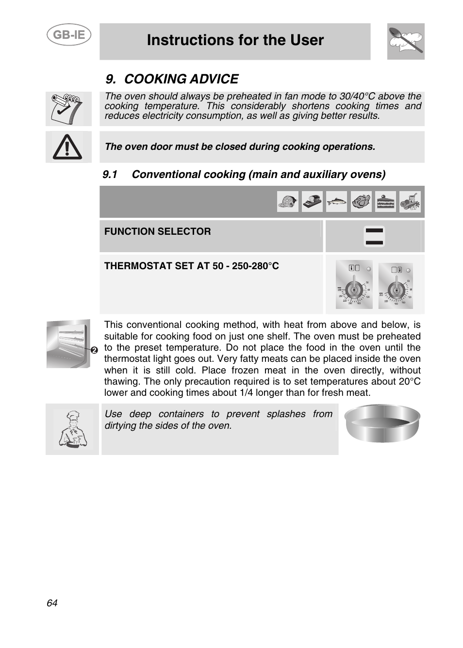 Cooking advice, 1 conventional cooking (main and auxiliary ovens), Instructions for the user | Function selector | Smeg A2PY-6 User Manual | Page 23 / 38