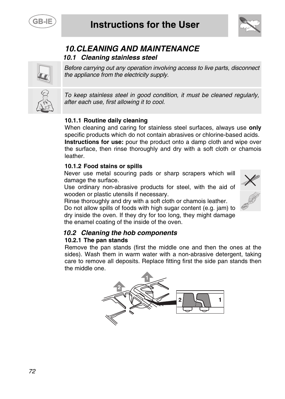 Cleaning and maintenance, 1 cleaning stainless steel, 1 routine daily cleaning | 2 food stains or spills, 2 cleaning the hob components, 1 the pan stands, Instructions for the user | Smeg A2PY-6 User Manual | Page 31 / 38