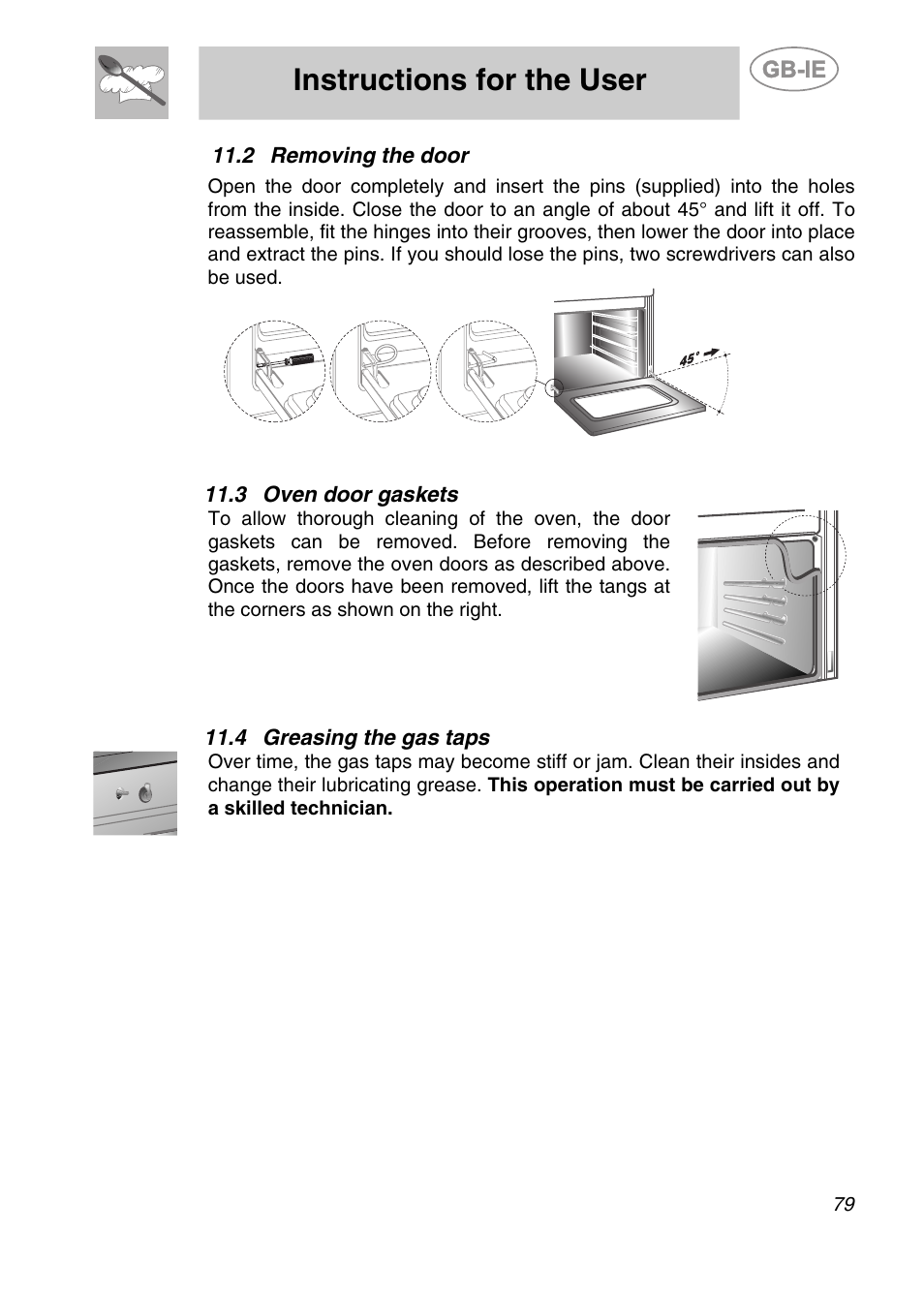 Removing the door, 3 oven door gaskets, 4 greasing the gas taps | Instructions for the user | Smeg A2PY-6 User Manual | Page 38 / 38