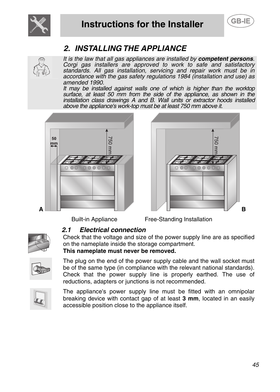 Installing the appliance, 1 electrical connection, Instructions for the installer | Smeg A2PY-6 User Manual | Page 4 / 38