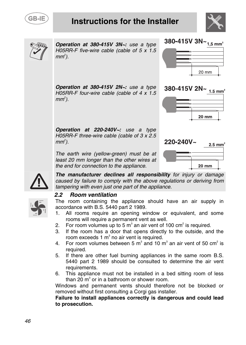 2 room ventilation, Instructions for the installer | Smeg A2PY-6 User Manual | Page 5 / 38