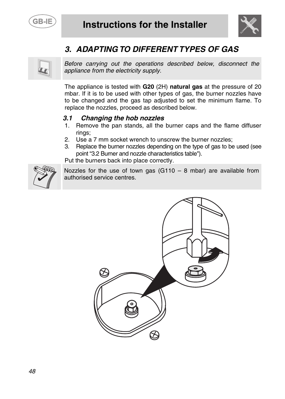 Adapting to different types of gas, 1 changing the hob nozzles, Instructions for the installer | Smeg A2PY-6 User Manual | Page 7 / 38