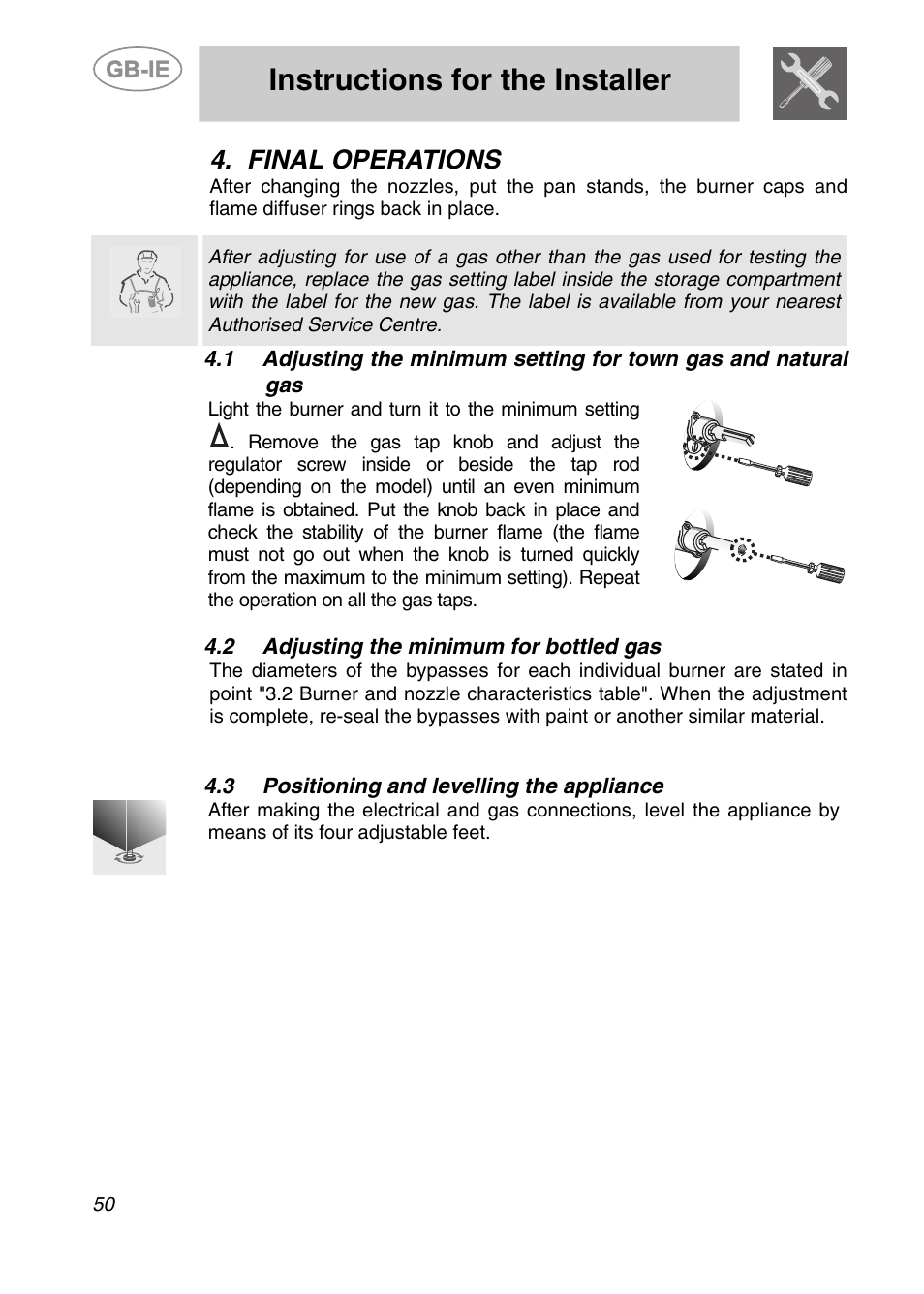 Final operations, 2 adjusting the minimum for bottled gas, 3 positioning and levelling the appliance | Instructions for the installer | Smeg A2PY-6 User Manual | Page 9 / 38