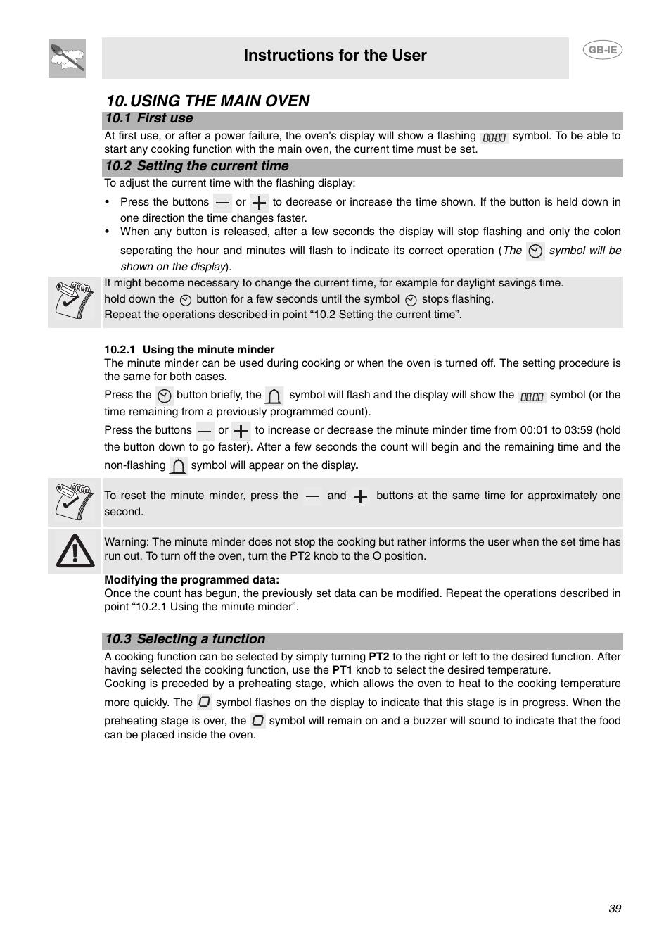 Using the main oven, 1 first use, 2 setting the current time | 1 using the minute minder, 3 selecting a function, Instructions for the user | Smeg CE9IMX User Manual | Page 10 / 27