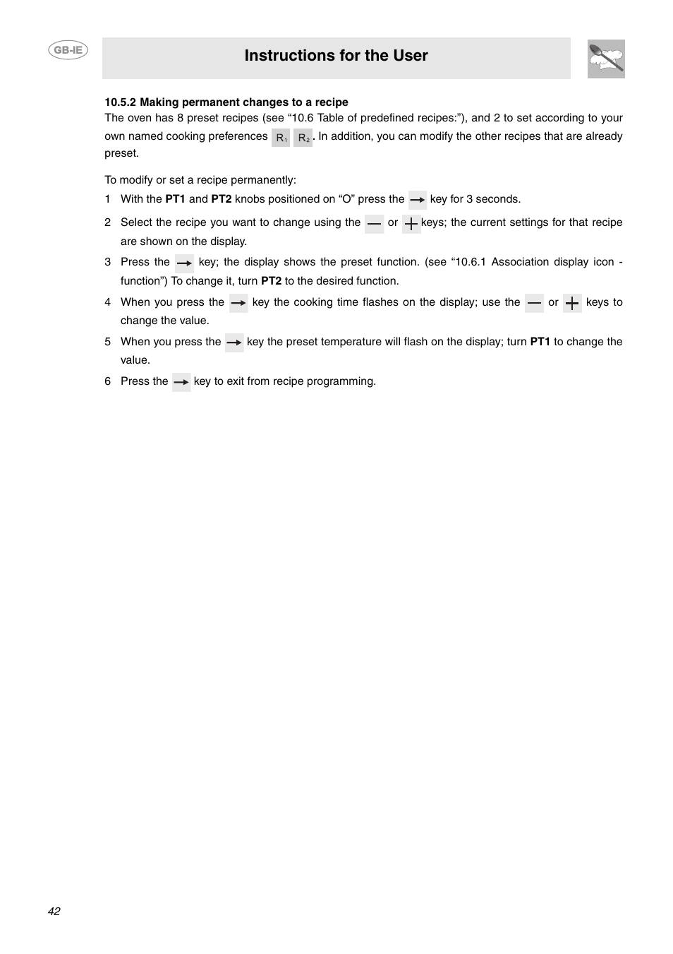2 making permanent changes to a recipe, 6 press the key to exit from recipe programming, Instructions for the user | Smeg CE9IMX User Manual | Page 13 / 27